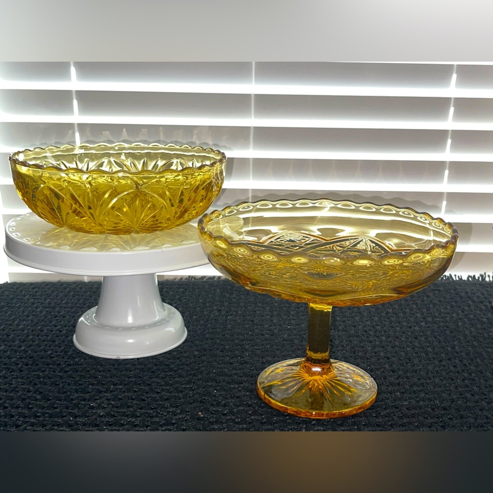 Vintage Amber Pedestal Candy Dish & Anchor Hocking‎ Glass Serving Bowl Bundle